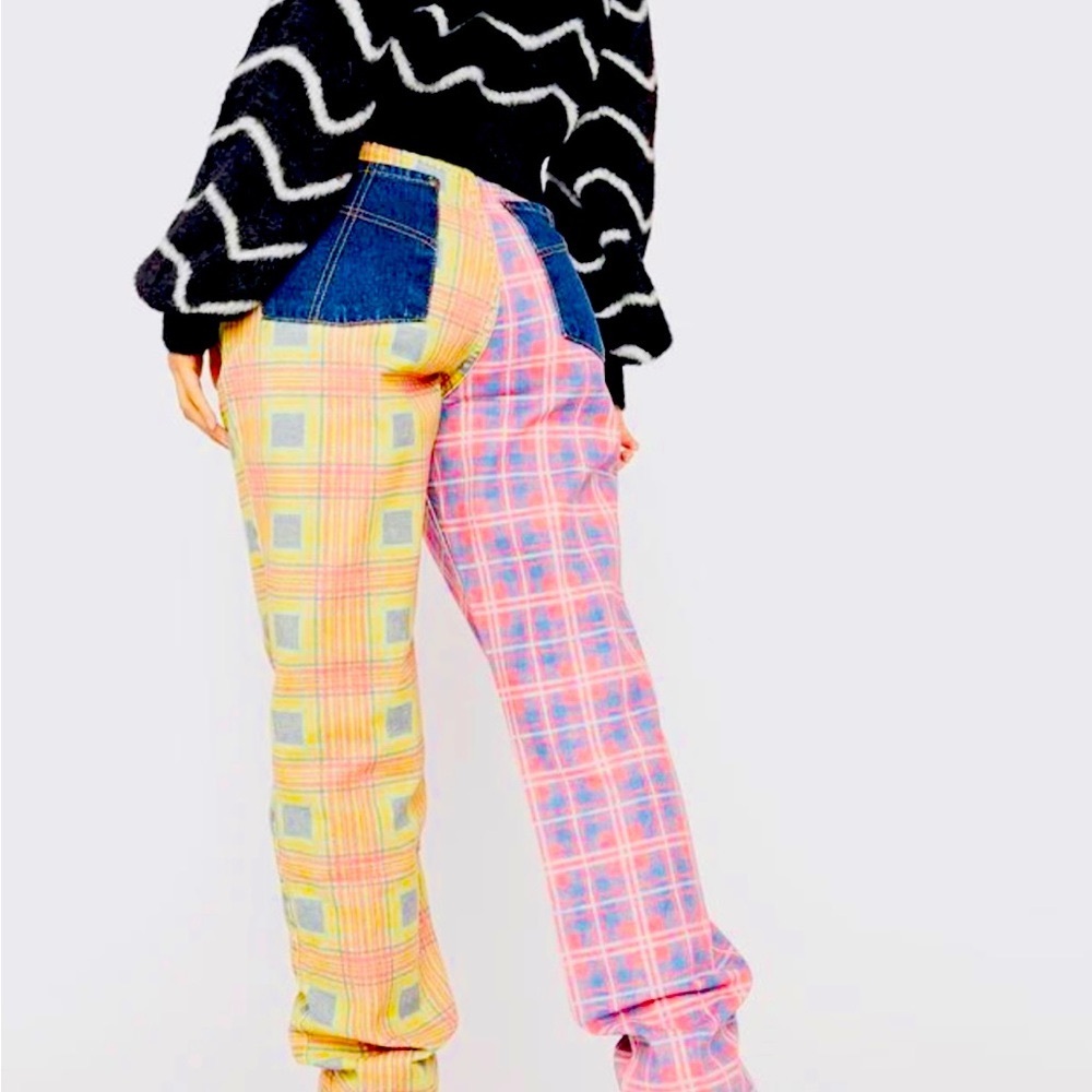 The Ragged Priest Two-Tone Plaid Boot Cut Jeans in Yellow & Pink